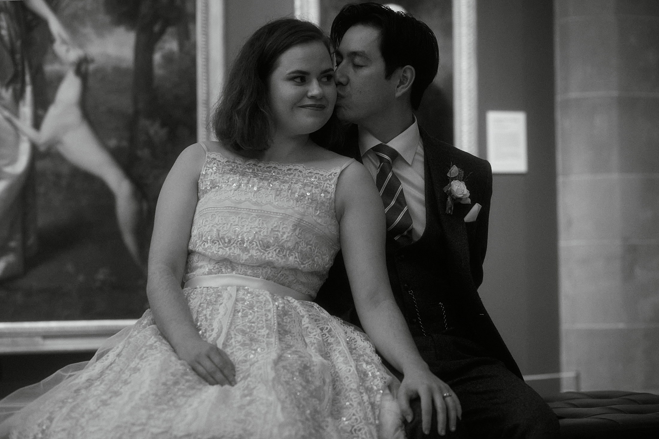 Couple sharing a quiet moment in Portrait Gallery Edinburgh during elopement