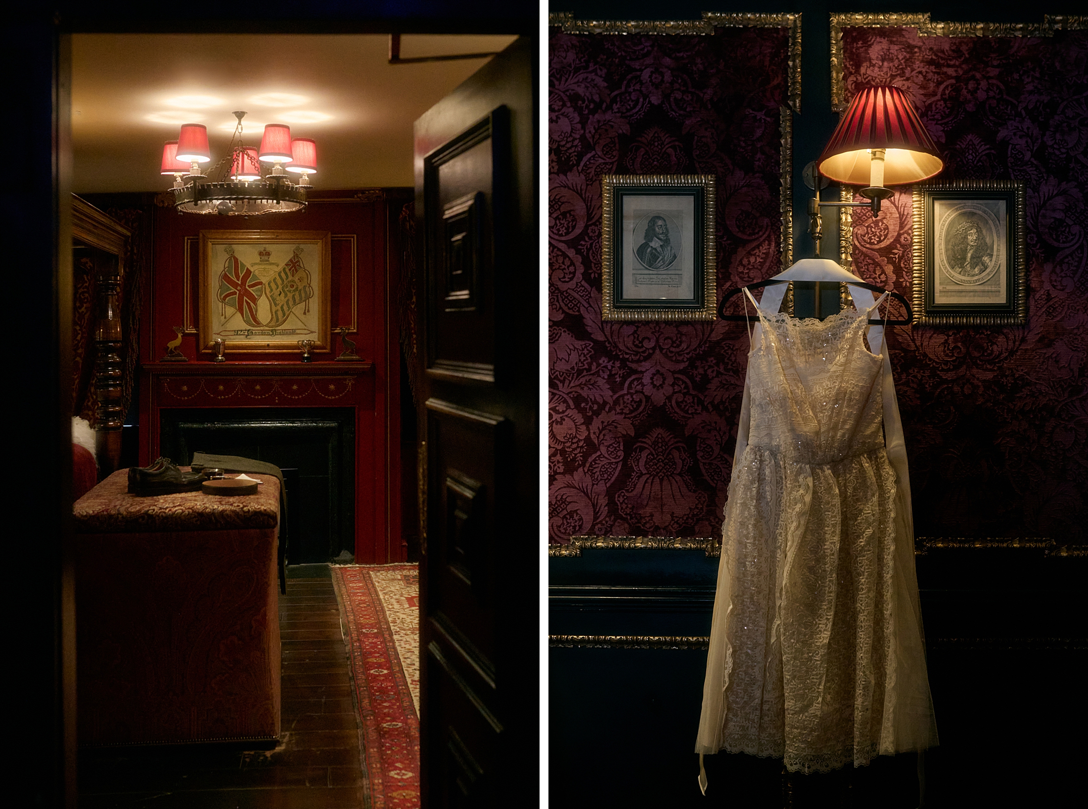 Interior of The Witchery in Edinburgh with rich red decor and low light. Wedding dress hanging at The Witchery in Edinburgh before the ceremony