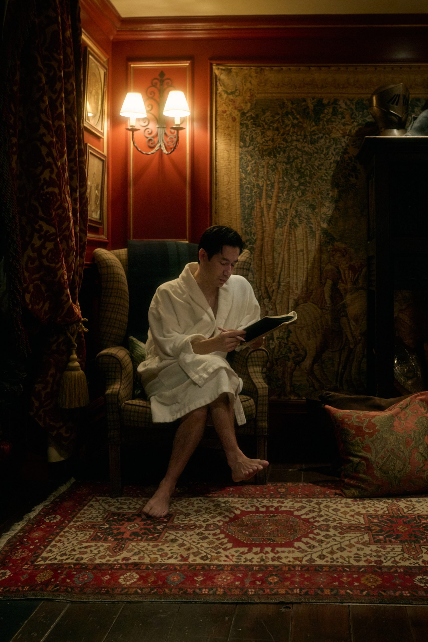 Groom getting ready at The Witchery in Edinburgh during an intimate elopement