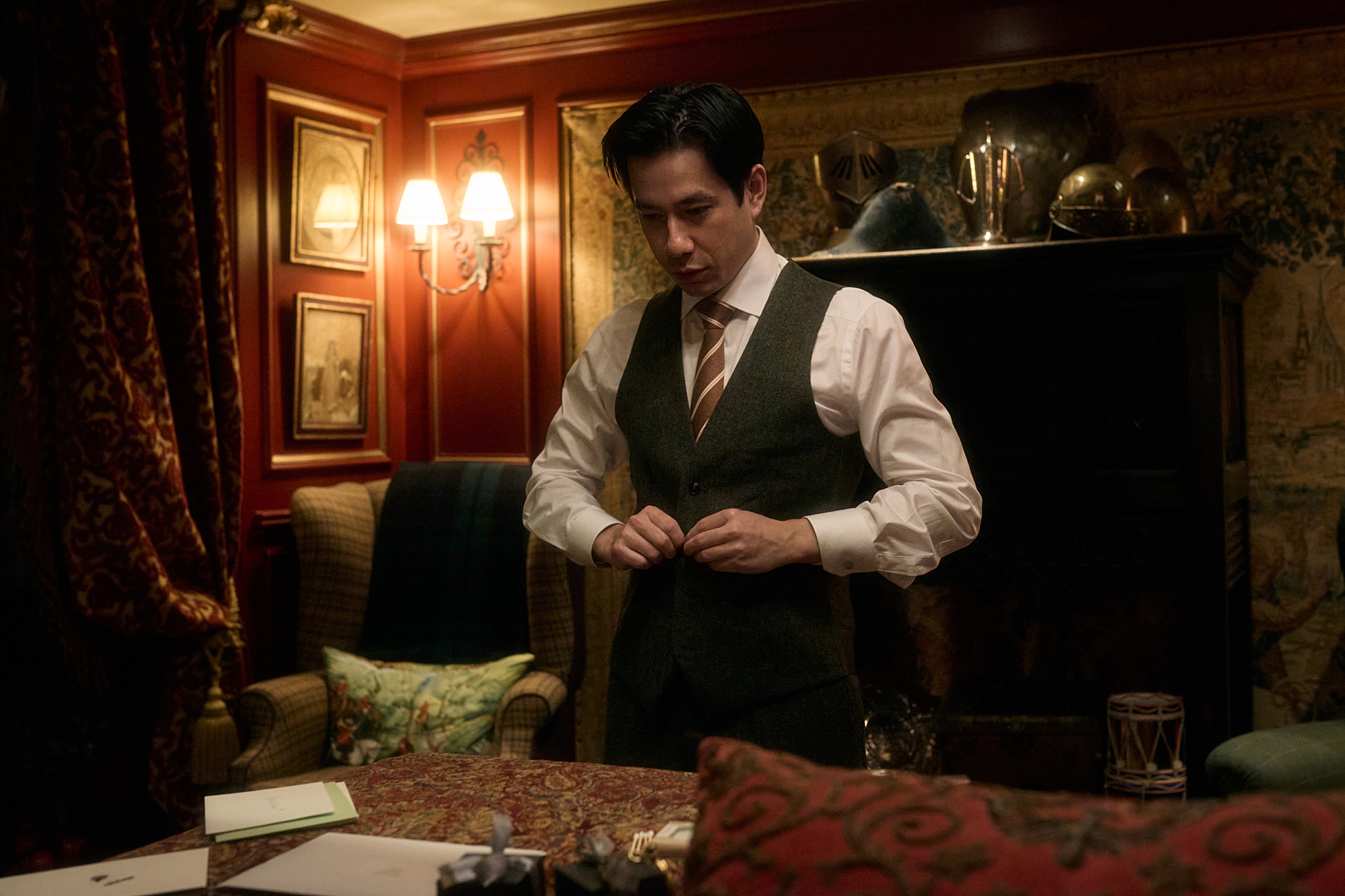 Groom getting ready at The Witchery in Edinburgh before the wedding ceremony