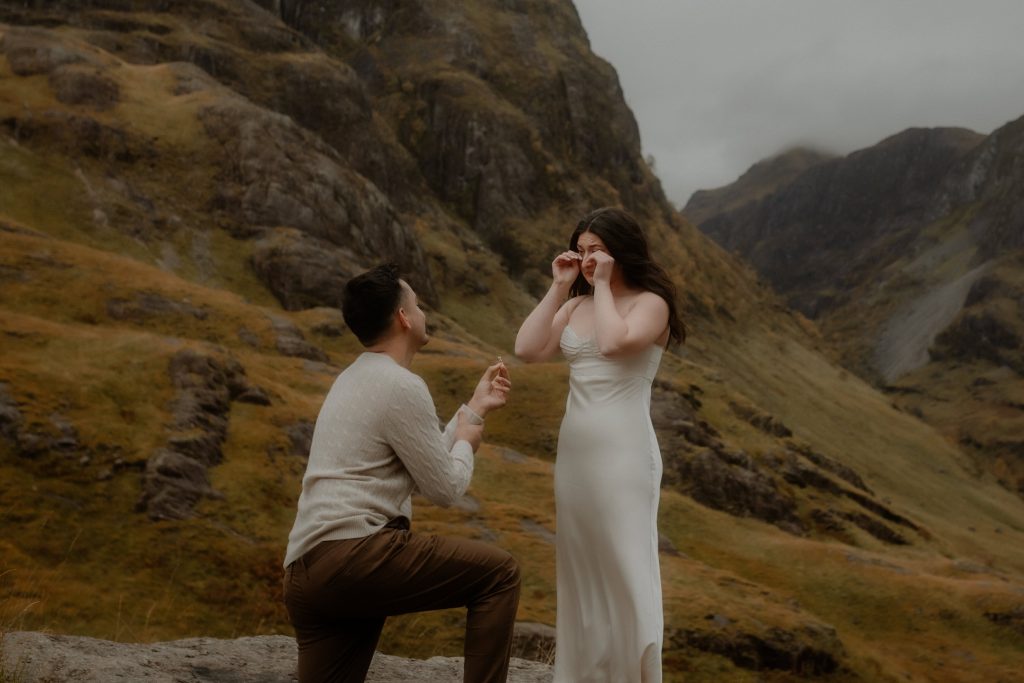 Surprise proposal in Glencoe with emotional reaction in the Scottish Highlands