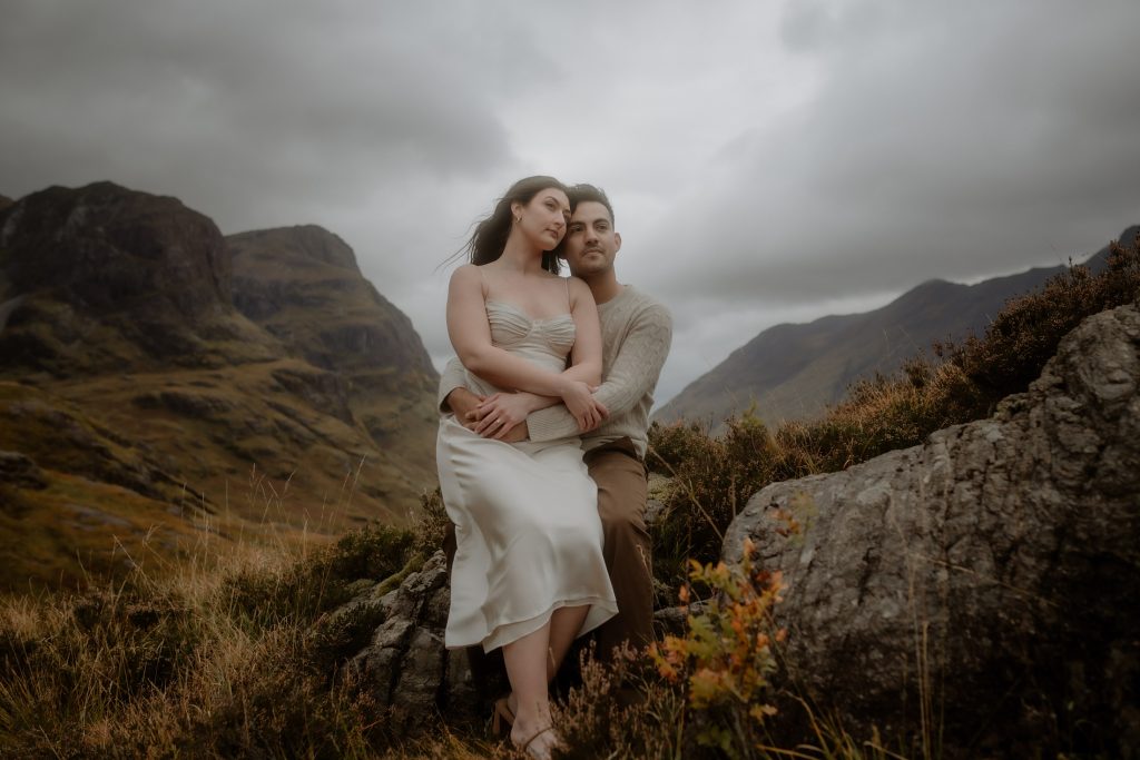 Couple portrait after a surprise proposal in Glencoe, Scotland